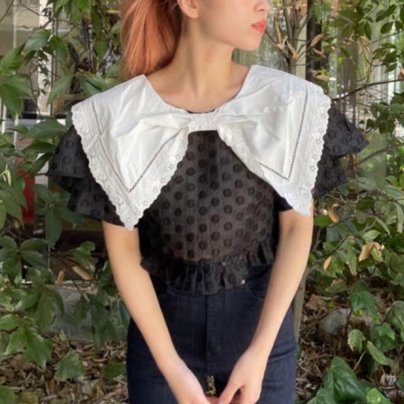 Sister Jane Tops - Sister Jane Black Top with White Lace Collar